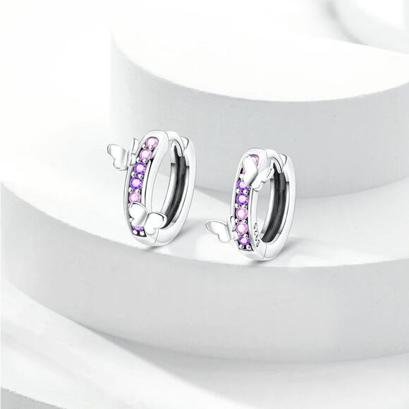 Butterfly Sterling Silver Huggie Hoop Earrings with Pink & Purple Zircons S925 - Picture 3 of 3